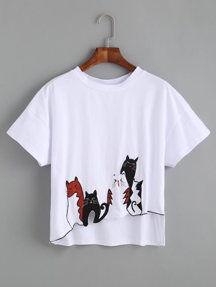 Romwe White Cat Patch Drop Shoulder Asymmetric T-shirt