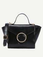Romwe Metal Ring Accent Trapezoid Handbag With Strap - Black