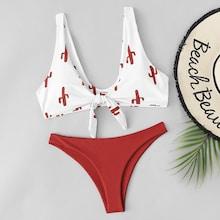 Romwe Knot Front Plant Pattern Top  With Match Bikini