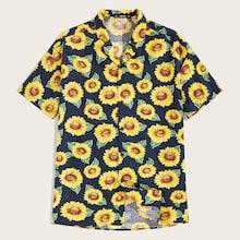 Romwe Guys Sunflower Print Notch Collar Shirt