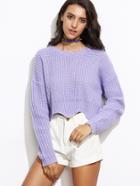 Romwe Purple Drop Shoulder Scallop Hem Crop Sweater