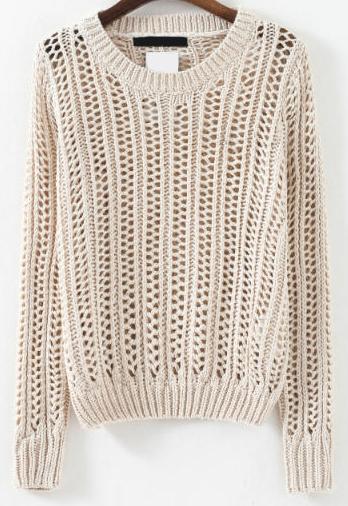 Romwe Hollow Lose Beige Long Sleeve Sweater