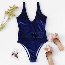 Romwe Belted Cut-out Velvet Swimsuit