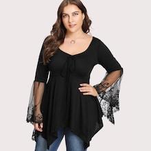 Romwe Plus V Neckline Mesh Panel Lace Trim Top