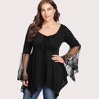 Romwe Plus V Neckline Mesh Panel Lace Trim Top