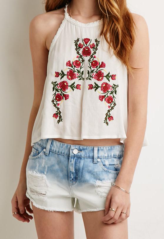 Romwe Embroidered Lace Edge Crop Top