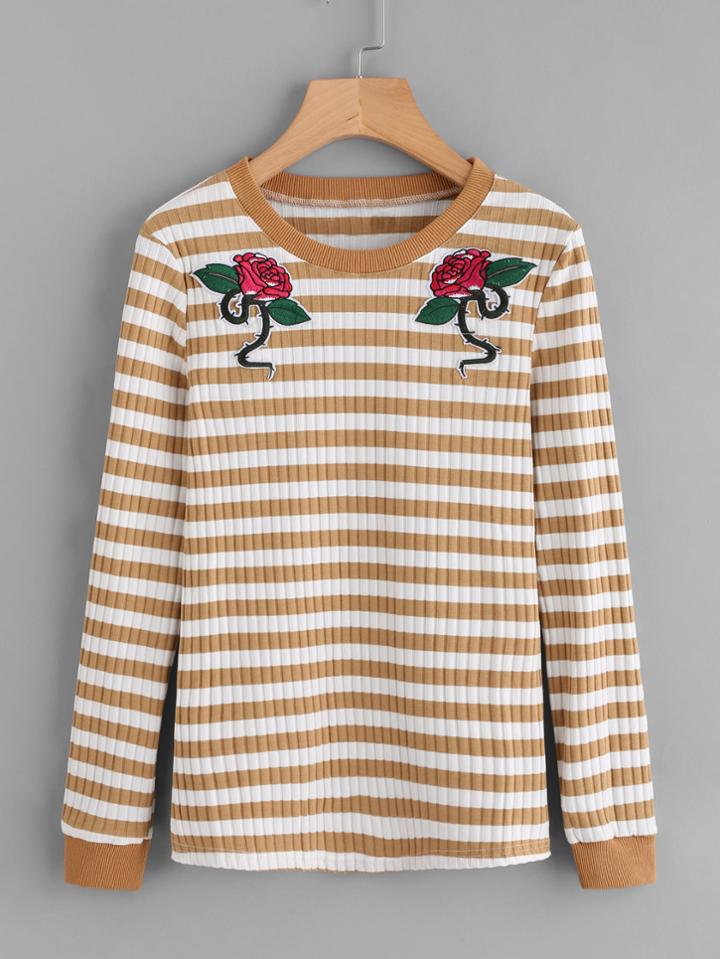 Romwe Patch Detail Rib Knit Striped Tee