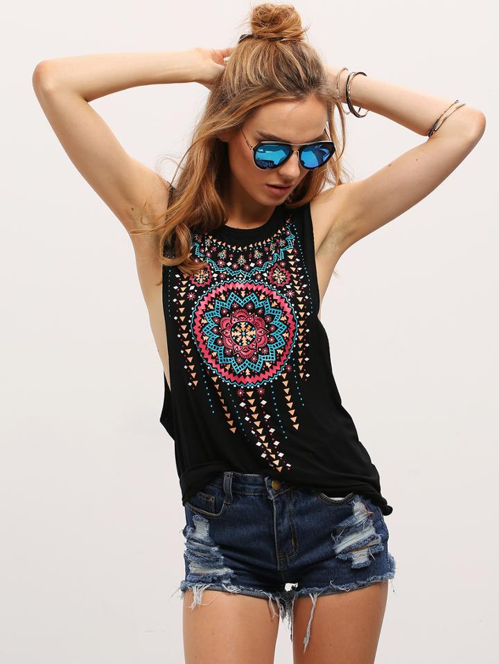 Romwe Black Sleeveless Vintage Print Tank Top