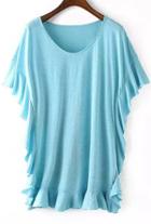 Romwe Round Neck Ruffle Blue Dress