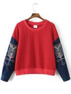Romwe Red Embroidery Contrast Denim Sleeve Drop Shoulder Sweatshirt