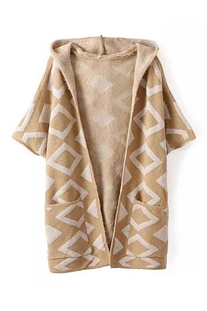 Romwe Rhombus Knitted Buttonless Hoodied Cardigan