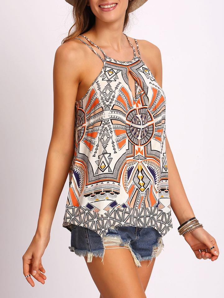 Romwe Geometric Print Keyhole Cami Top