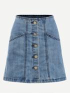 Romwe Blue A Line Denim Skirt With Buttons