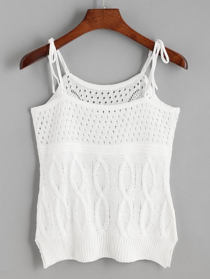 Romwe White Hollow Out Knit Tie Cami Top