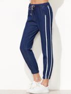 Romwe Dark Blue Striped Side Drawstring Waist Beam Port Jeans