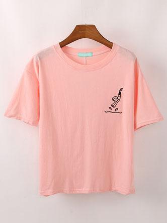 Romwe Pink Cartoon Embroidered T-shirt