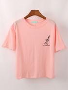 Romwe Pink Cartoon Embroidered T-shirt