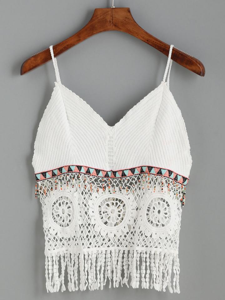 Romwe White Spaghetti Strap Crochet Insert Fringe Top