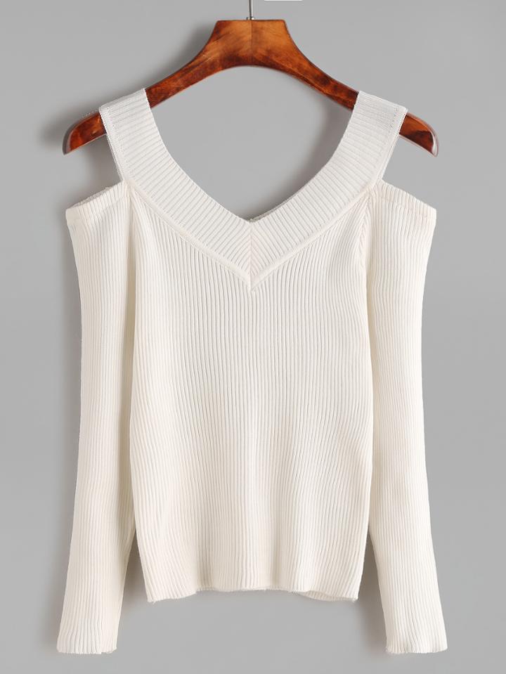 Romwe Ivory Cut Out V Neck Ribbed Knitwear