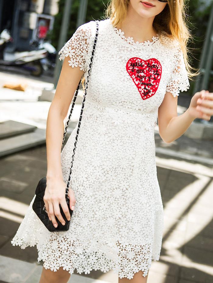 Romwe White Short Sleeve Hollow Dress
