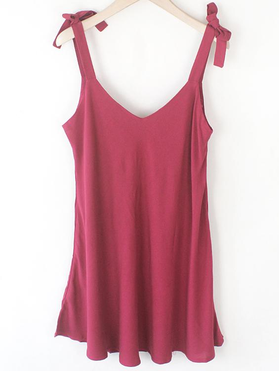 Romwe Burgundy Tie Shoulder Double V Neck Dress