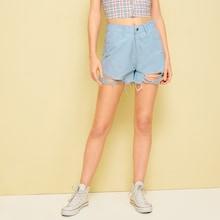 Romwe Ripped Button Detail Solid Denim Shorts