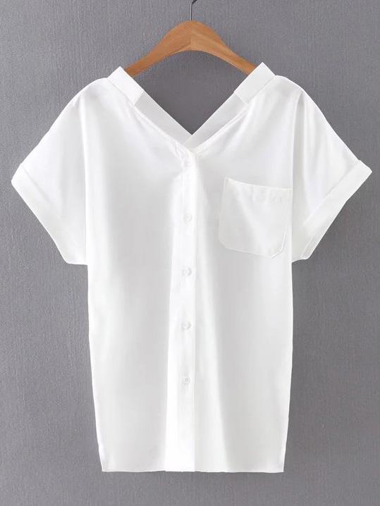 Romwe White Roll-up Cuff Buttons Front Pocket Chiffon Blouse
