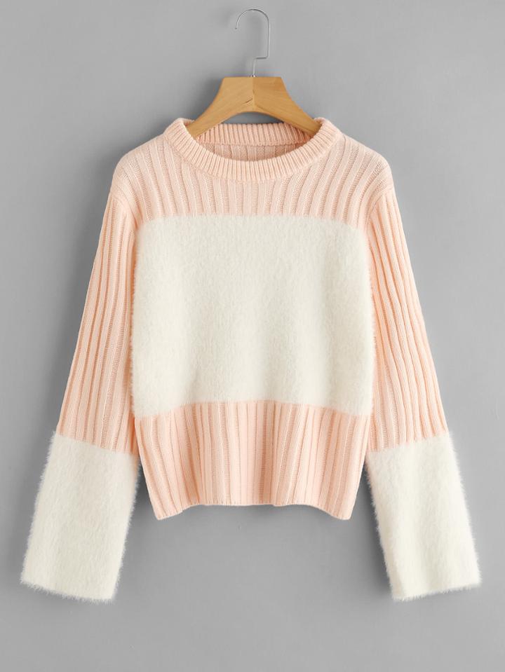 Romwe Faux Fur Panel Ribbed Sweater