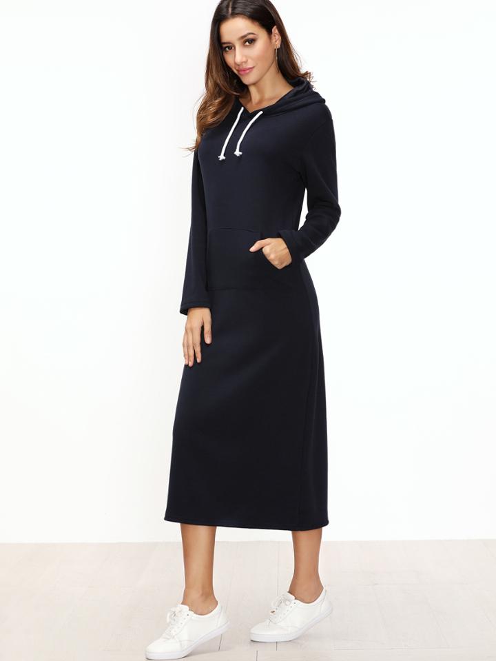 Romwe Navy Hooded Sweatshirt Dress With Pocket