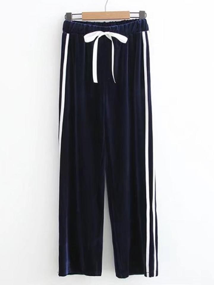 Romwe Stripe Tape Drawstring Waist Velvet Pants