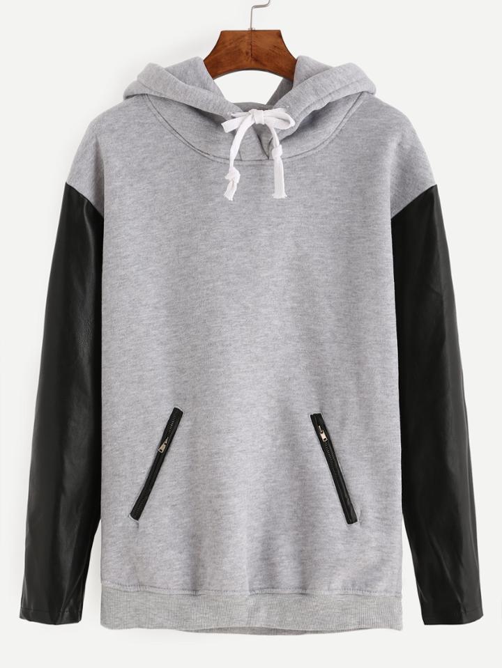 Romwe Grey Zipper Pockets Pu Sleeve Hooded Sweatshirt