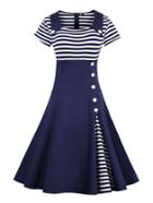 Romwe Contrast Striped Button Detail Flare Dress