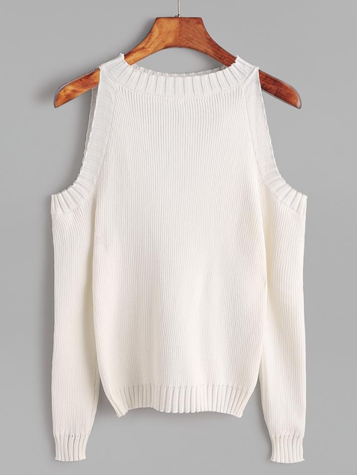 Romwe Ivory Open Shoulder Long Sleeve Sweater
