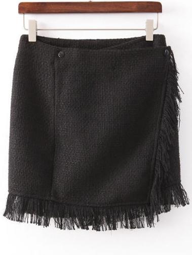 Romwe Wrap Fringe Black Skirt