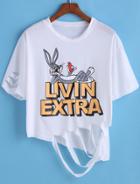 Romwe Rabbit Print Ripped T-shirt