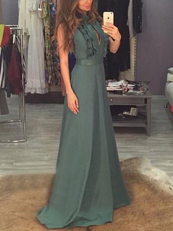 Romwe Green Ruffle Embellishment Open Front Maxi Dress