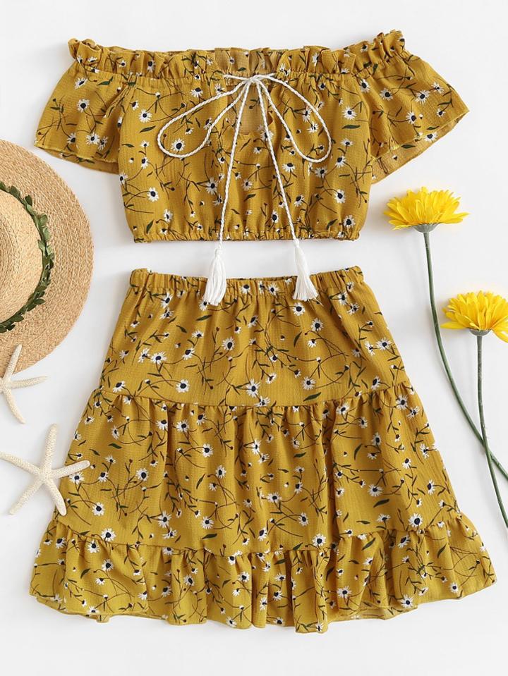 Romwe Off The Shoulder Flower Print Ruffle Crop Top With Skirts