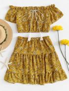 Romwe Off The Shoulder Flower Print Ruffle Crop Top With Skirts