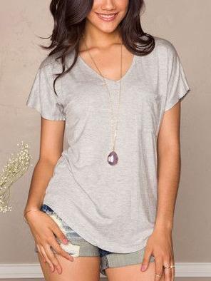 Romwe Grey V Neck Pocket T-shirt