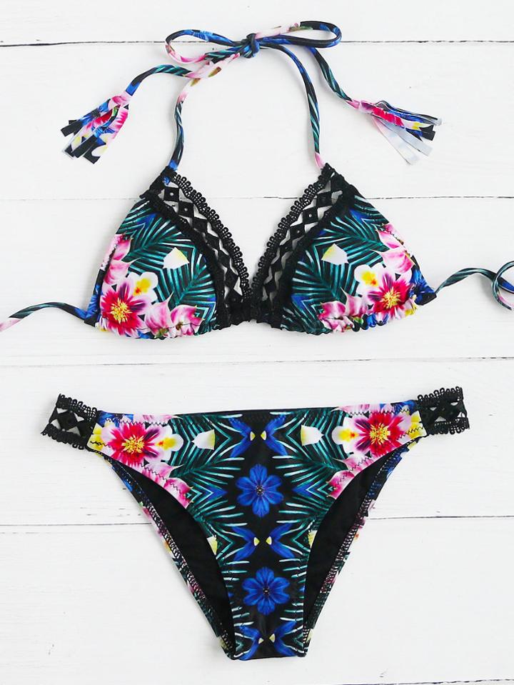 Romwe Floral Print Lace Crochet Trim Triangle Bikini Set