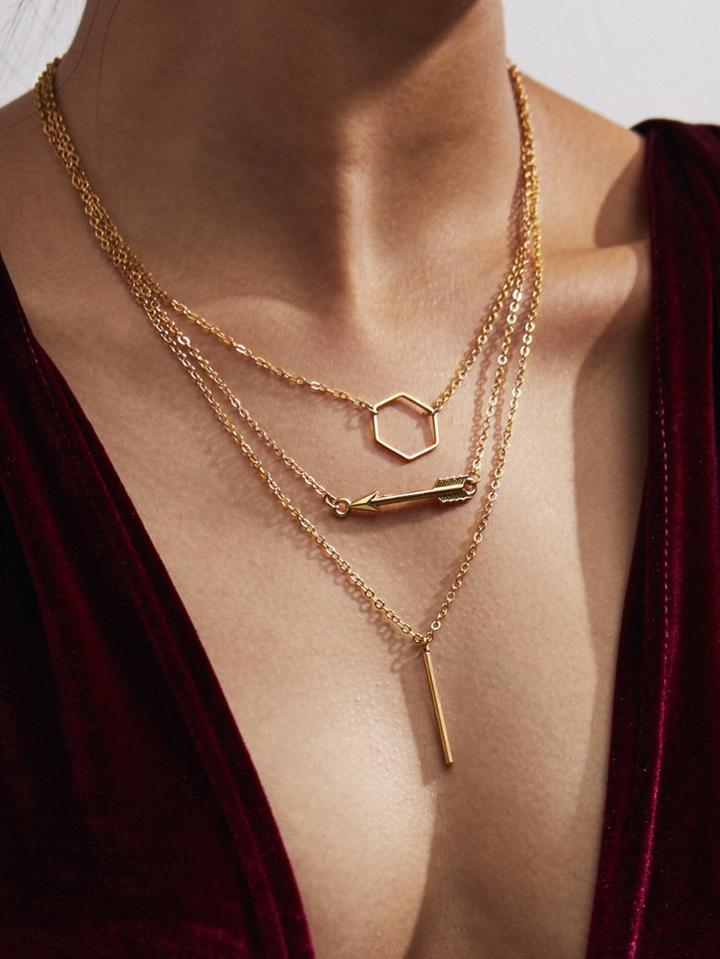 Romwe Open Hexagonal & Arrow Pendant Layered Necklace