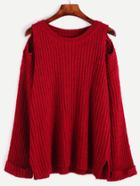 Romwe Red Open Shoulder Slit Side Sweater