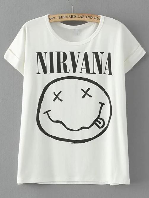 Romwe Smile Print Cuffed White T-shirt