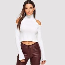 Romwe Open Shoulder Frilled Trim Sweater