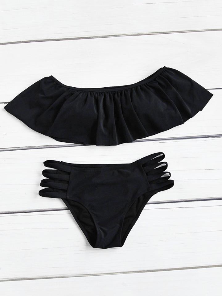 Romwe Flounce Layered Neckline Ladder Cutout Bikini Set