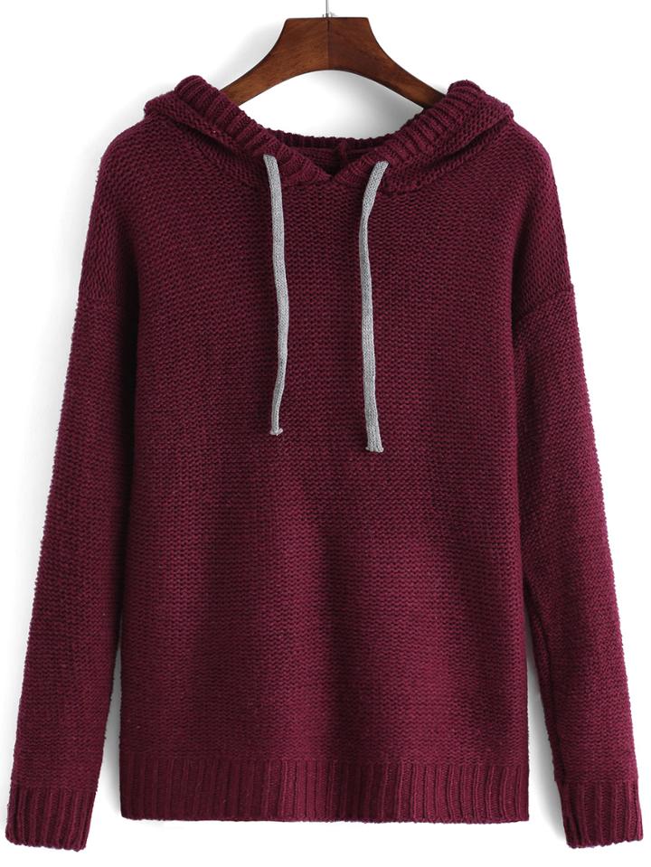 Romwe Hooded Drawstring Maroon Sweater