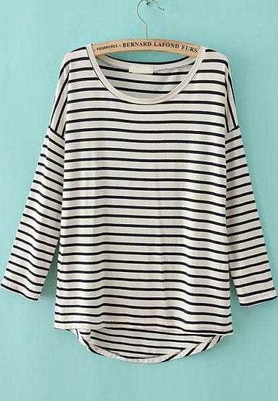 Romwe Striped Dipped Hem T-shirt