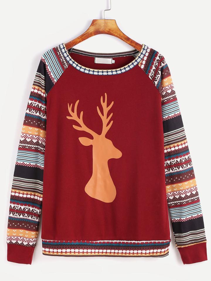 Romwe Burgundy Contrast Raglan Sleeve Christmas Print Sweatshirt