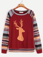 Romwe Burgundy Contrast Raglan Sleeve Christmas Print Sweatshirt