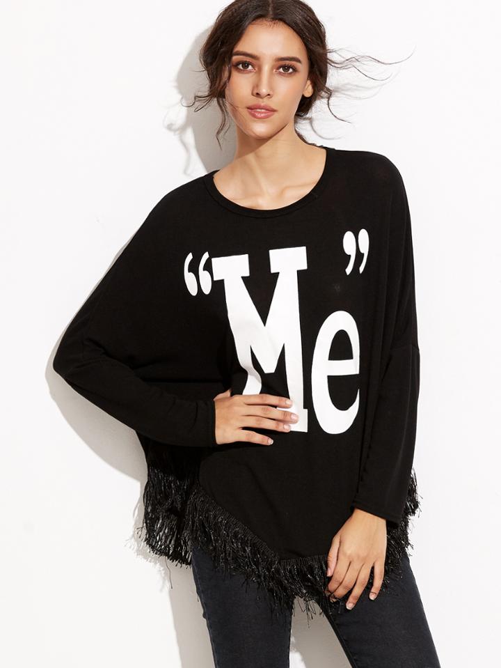Romwe Black Letter Print Drop Shoulder Fringe Hem T-shirt